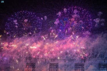 Fireworks amid a drone show at the launch of Riyadh Season 2022. (SPA)