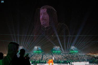 Saudi Arabia's King Salman bin Abdulaziz depicted by drones in the sky. (SPA)