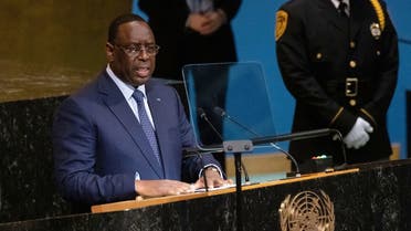Senegal’s President Macky Sall addresses the 77th session of the United Nations General Assembly at UN headquarters in New York City on September 20, 2022. (AFP)