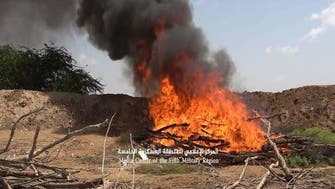 شاهد.. إتلاف أكثر من طن ونصف حشيش مخدر تم ضبطها مع مهربين حوثيين  