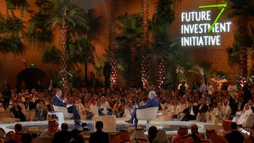 A screenshot from the live feed of the sixth edition of the Future Investment Initiative conference showing Richard Quest in conversation with Ray Dalio in Riyadh on Tuesday, October 25, 2022, in Riyadh, Saudi Arabia. 
