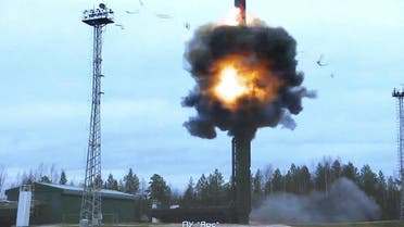 A still image from video, released by the Russian defense ministry, shows what it said to be Russia’s Yars intercontinental ballistic missile launched during exercises held by the country’s strategic nuclear forces at the Plesetsk Cosmodrome, Russia, in this image taken from handout footage released on October 26, 2022. (Reuters)