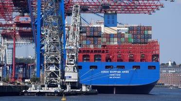 Chinese container ship ‘Cosco Shipping Aries’ is unloaded at a loading terminal in the port of Hamburg, Germany.  (File photo: Reuters)