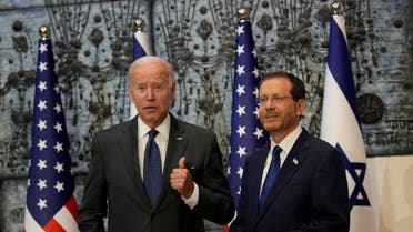 U.S. President Joe Biden is welcomed by Israeli President Isaac Herzog at the presidential residence in Jerusalem July 14, 2022. Maya Alleruzzo/Pool via REUTERS