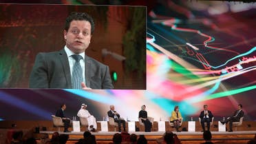 Samer Haj-Yehia (screen), chairman of Israel's Bank Leumi, attends a panel on the third day of the annual Future Investment Initiative (FII) conference in Saudi Arabia's capital Riyadh on October 27, 2022. (AFP)