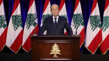 In this file photo provided by the Lebanese photo agency Dalati and Nohra on February 26, 2020 shows President Michel Aoun delivering a televised speech at the presidential palace in Baabda. (Dalati and Nohra/AFP)