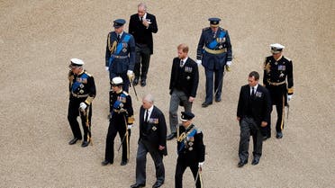 Britain’s King Charles III, Britain’s Princess Anne, Princess Royal, Britain’s Prince Andrew, Duke of York and Britain’s Prince Edward, Earl of Wessex, followed by Britain’s Prince William, Prince of Wales, Britain’s Prince Harry, Duke of Sussex and Peter Phillips as arrive at St George’s Chapel inside Windsor Castle on September 19, 2022, ahead of the Committal Service for Britain’s Queen Elizabeth II. (AFP)