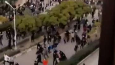 This image grab from a UGC video posted on October 28, 2022, reportedly shows security forces firing at protesters at Islamic Azad University of Mashhad. (Photo by UGC / AFP) / ISRAEL OUT - NO RESALE - NO INTERNET / RESTRICTED TO EDITORIAL USE - MANDATORY CREDIT AFP - SOURCE: ESN/HENGAW - NO MARKETING - NO ADVERTISING CAMPAIGNS - NO INTERNET - DISTRIBUTED AS A SERVICE TO CLIENTS - NO RESALE - NO ARCHIVE -NO ACCESS ISRAEL MEDIA/PERSIAN LANGUAGE TV STATIONS OUTSIDE IRAN/ STRICTLY NO ACCESS BBC PERSIAN/ VOA PERSIAN/ MANOTO-1 TV/ IRAN INTERNATIONAL/RADIO FARDA - AFP IS NOT RESPONSIBLE FOR ANY DIGITAL ALTERATIONS TO THE PICTURE'S EDITORIAL CONTENT - RESTRICTED TO EDITORIAL USE - MANDATORY CREDIT AFP - SOURCE: ESN/HENGAW - NO MARKETING - NO ADVERTISING CAMPAIGNS - NO INTERNET - DISTRIBUTED AS A SERVICE TO CLIENTS - NO RESALE - NO ARCHIVE -NO ACCESS ISRAEL MEDIA/PERSIAN LANGUAGE TV STATIONS OUTSIDE IRAN/ STRICTLY NO ACCESS BBC PERSIAN/ VOA PERSIAN/ MANOTO-1 TV/ IRAN INTERNATIONAL/RADIO FARDA - AFP IS NOT RESPONSIBLE FOR ANY DIGITAL ALTERATIONS TO THE PICTURE'S EDITORIAL CONTENT