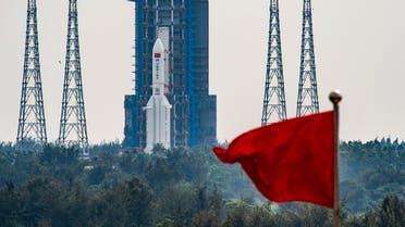 A Long March 5B rocket, which is expected to launch China's Mengtian science module to Tiangong space station, is seen before its planned launch from the Wenchang Space Launch Centre in southern China's Hainan Province on October 31, 2022. (Photo by CNS / AFP) / CHINA OUT