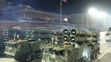 Multiple rocket launcher vehicles take part in a nighttime military parade to mark the 90th anniversary of the founding of the Korean People's Revolutionary Army in Pyongyang, North Korea, in this undated photo released by North Korea's Korean Central News Agency (KCNA) on April 26, 2022. (Reuters)
