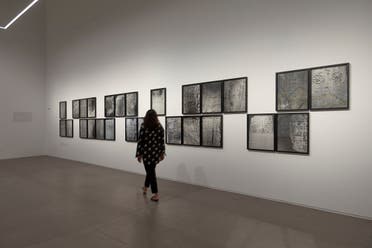 19) Navjot Altaf, Installation view of Lost Text (2017-2018). 24 digital prints on canson platine fiber rag paper pasted on archival conservation board and PVC transfer on acrylic, 64.7 x 52.1 cm each. Shown in Navjot Altaf: Pattern at Ishara Art Foundation, 2022. Image courtesy of Ishara Art Foundation and the artist. Photo by Ismail Noor/Seeing Things.