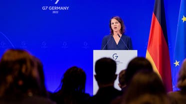 German Foreign Minister Annalena Baerbock speaks at her closing press conference during the G7 Foreign Ministers Meeting in Muenster, Germany, Friday, Nov. 4, 2022. (Rolf Vennenbernd/dpa via AP)