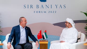 The UAE’s foreign minister Sheikh Abdullah bin Zayed discusses regional matters and energy in a meeting with his Turkish counterpart Mevlut Cavusoglu at an Abu Dhabi event. (WAM)