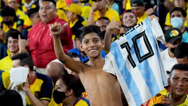  Argentina fan celebrates after the match between Argentina and Ecuador during the World Cup -- South American Qualifiers in Estadio Monumental Banco Pichincha, Guayaquil, Ecuador,  on March 29, 2022. (Reuters)