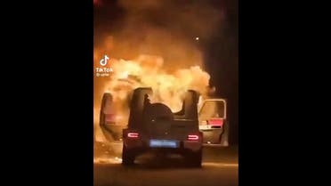 Screenshot from a video showing a Mercedes four-wheel-drive on fire after a drugs dispute in Riyadh. (TikTok)