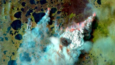 A 30-kilometer-wide wildfire front detected in the Siberian Arctic at a latitude of 69.31°N on August 6, 2020. Sentinel-2 Infrared color image. (Supplied: CSIC) 