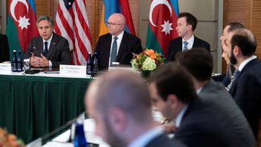 Secretary of State Antony Blinken (top left) speaks during a meeting with Azerbaijan’s Foreign Minister Jeyhun Aziz oglu Bayramov, and Armenia’s Foreign Minister Ararat Mirzoyan at Blair House, on November 7, 2022, in Washington. (Reuters)