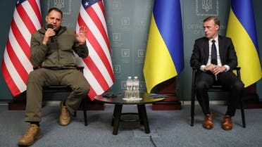 US White House National Security Advisor Jake Sullivan and Head of Ukraine's Presidential Office Andriy Yermak attend a news briefing, amid Russia's attack on Ukraine, in Kyiv, Ukraine, on November 4, 2022. (Reuters)