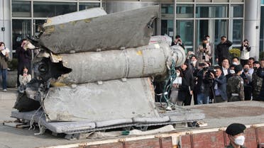 Debris of a North Korean missile salvaged from South Korean waters that was identified as parts of a Soviet-era SA-5 surface-to-air missile is seen at the Defense Ministry in Seoul, South Korea, November 9, 2022. (Reuters)