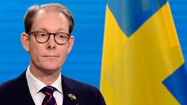 Swedish Foreign Minister Tobias Billstrom looks on during a joint press conference with his German counterpart at the Foreign Ministry in Berlin on November 10, 2022. (AFP)