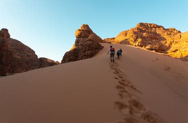 Hikers in AlUla's Hidden Valley in Saudi Arabia. (Twitter)