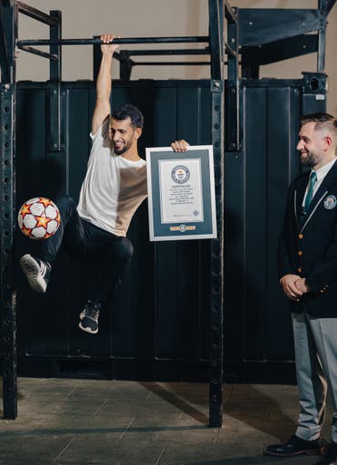 In Dubai, famous regional football freestyler, Ammar Alkhudairi - also known as ‘Ammar Freez’ – displayed his own impressive ball skills by breaking two Guinness World Records titles for the Most consecutive football touches while hanging with one hand in 30 seconds, in which he achieved 87 football touches. (Supplied)