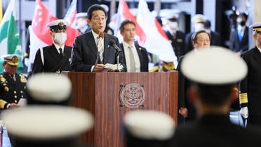 Japan’s Prime Minister Fumio Kishida (center L) gives instructions during his speech onboard the Japanese ship JS Izumo during an “International Fleet Review”, held by Japan’s Maritime Self-Defense Force with some 12 other countries, in Sagami Bay, off Kanagawa Prefecture, on November 6, 2022. (AFP)