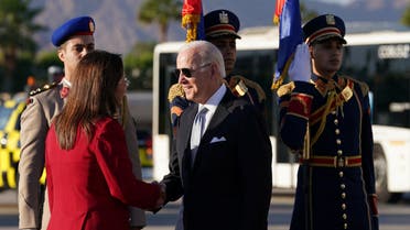 US President Joe Biden is greeted upon his arrival at Sharm El-Sheikh International Airport in Sharm el-Sheikh, Egypt, November 11, 2022. (Reuters)