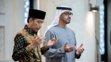 UAE President and Indonesian President pray at the newly-inaugrated Sheikh Zayed Grand Mosque in Indonesia. (Twitter)