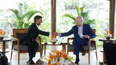 US President Joe Biden meets with British Prime Minister Rishi Sunak on the sidelines of the G20 Leaders' summit in Bali, Indonesia, November 16, 2022. (Reuters)