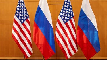 Russian and US flags are pictured before talks between Russian Deputy Foreign Minister Sergei Ryabkov and U.S. Deputy Secretary of State Wendy Sherman at the United States Mission in Geneva, January 10, 2022. (Reuters)