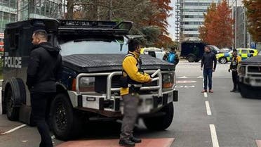 Armored police vehicles are seen outside the headquarters of Iran International on Nov. 19, 2022. (iranintl.com)