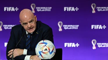 FIFA President Gianni Infantino speaks during a press conference at the Qatar National Convention Center (QNCC) in Doha on November 19, 2022, ahead of the Qatar 2022 World Cup football tournament. (AFP)