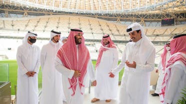 File photo of Saudi Arabia's Crown Prince Mohammed bin Salman visiting Qatar's World Cup stadium. (Twitter)