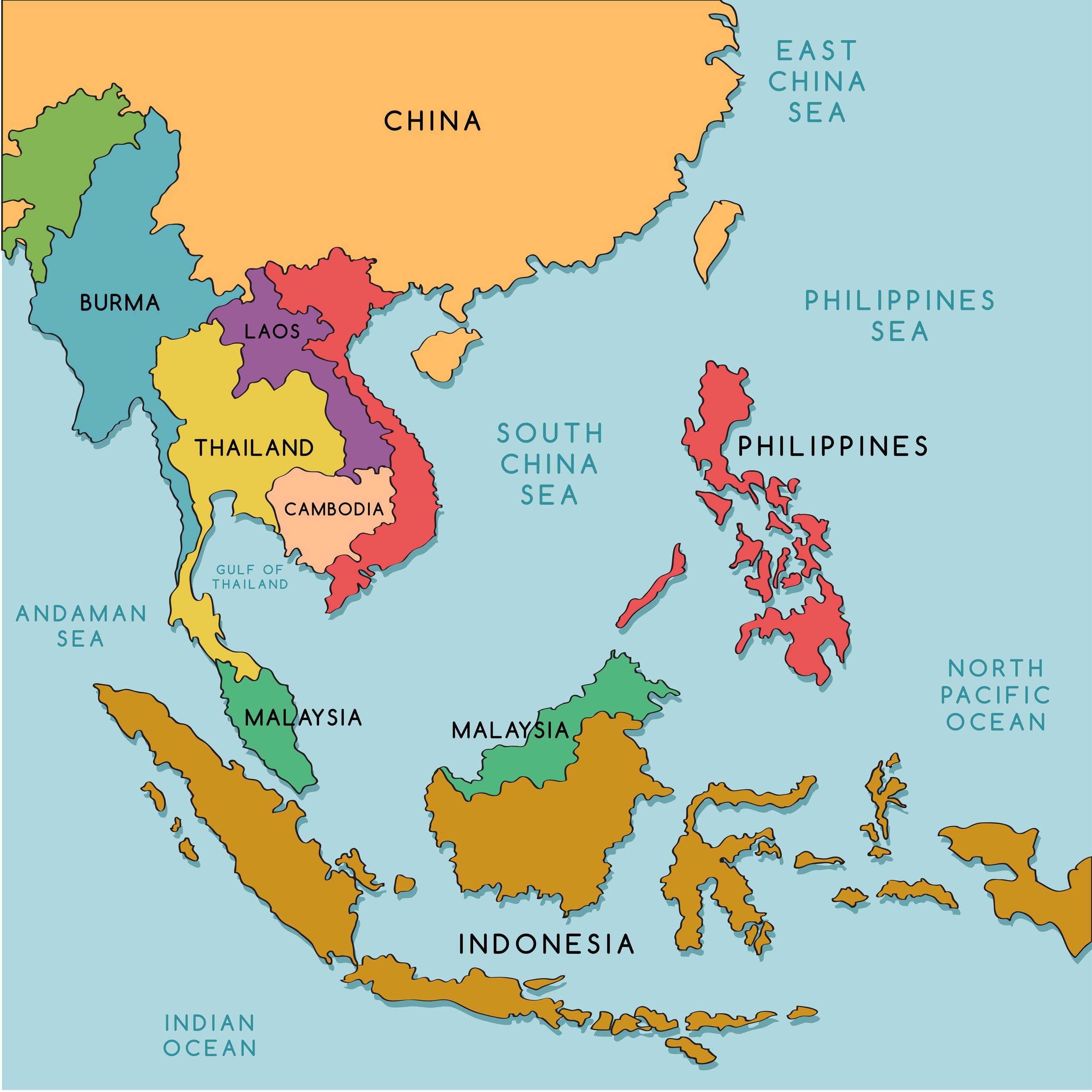 Southeast asia countries. Юго-Восточная Азия на карте. Southeast Asia. Политическая карта Юго-Восточной Азии. Карта ЮВА.