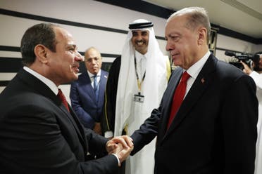 Sisi and Erdogan shake hands in Qatar