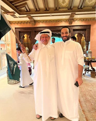 Saudi Crown Prince Mohammed bin Salman (right) poses for a picture with his brother, energy minister Prince Abdulaziz during the World Cup match between Argentina and Saudi Arabia. (Instagram)
