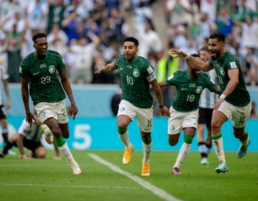 Salem al-Dawsari celebrates after his goal against Argentina at the FIFA World Cup in Qatar. (Twitter)