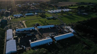 An aerial view shows the Manston short-term holding centre for migrants, near Ramsgate in south east England on November 4, 2022. (AFP)