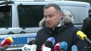 A screen grab shows The Polish President Andrzej Duda giving a news conference after a visit to a site where a missile hit on November 17, 2022. (Reuters)