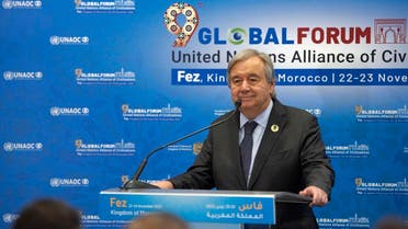 United Nations Secretary-General Anotonio Guterres speaks to reporters during the 9th United Nations Alliance of Civilizations (UNAOC) Global Forum in Morocco’s northern city of Fes on November 22, 2022. (AFP)