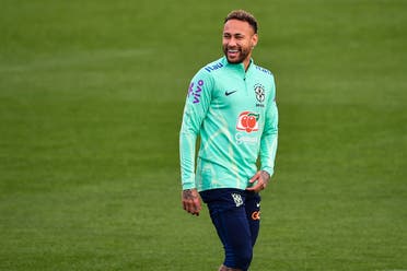 Brazil’s forward Neymar smiles during a training session on November 17, 2022 at the Continassa training ground in Turin, as part of Brazil’s preparation ahead of the Qatar 2022 World Cup. (AFP)