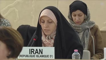 Iran’s deputy of the vice president for women and family affairs, Khadijeh Karimi, speaking during the UN Human Rights Council’s meeting in Geneva, Switzerland, November 24, 2022. (UNTV via Reuters)