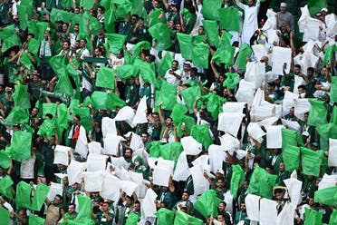 Saudi Arabia supporters cheer during the Qatar 2022 World Cup Group C football match between Poland and Saudi Arabia at the Education City Stadium in Al-Rayyan, west of Doha on November 26, 2022. (AFP)