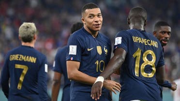 France’s forward #10 Kylian Mbappe (C) celebrates scoring his team’s second goal during the Qatar 2022 World Cup Group D football match between France and Denmark at Stadium 974 in Doha on November 26, 2022. (AFP)