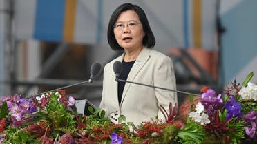 Taiwan’s President Tsai Ing-wen speaks at a ceremony to mark the island’s National Day in front of the Presidential Office in Taipei on October 10, 2022. (AFP)