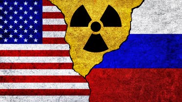 United States of America and Russia Nuclear deal, threat, agreement, tensions concept Flags of USA, Russia and radiation symbol together stock illustration