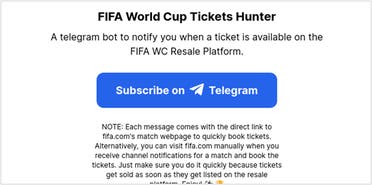 Screenshot of a phishing website offering service to check for World Cup tickets automatically. (Supplied)