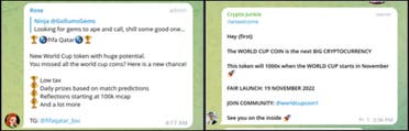 Screenshots from Telegram showing threat actors selling fake World Cup coins and tokens. (Supplied)