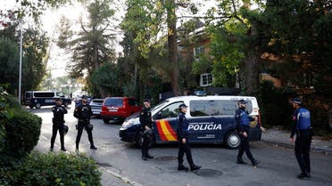 Police stands outside of Ukrainian embassy after, Spanish police said, blast at embassy building injured one employee while handling a letter, in Madrid, November 30, 2022. (Reuters)